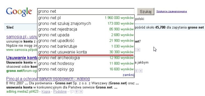 Fraza "grono.net usuwanie konta" w wyszukiwarce Google